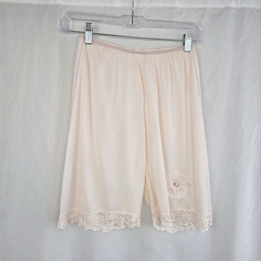Pettipants Vtg Pink Nylon Flower Applique Lace Trim No Tags Size‎ XS Split Slip